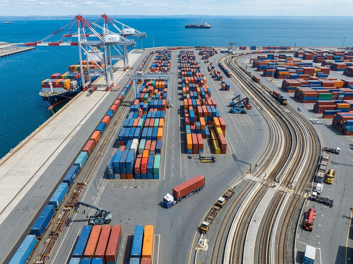 Overhead view of shipping containers and cargo vehicles at a freight terminal