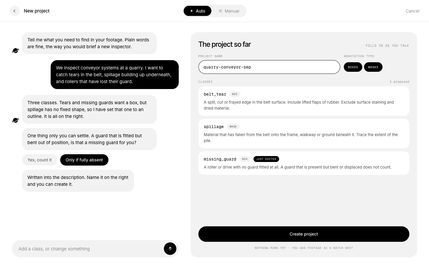 Sythic project setup with a conversation defining belt tear, spillage and missing guard classes