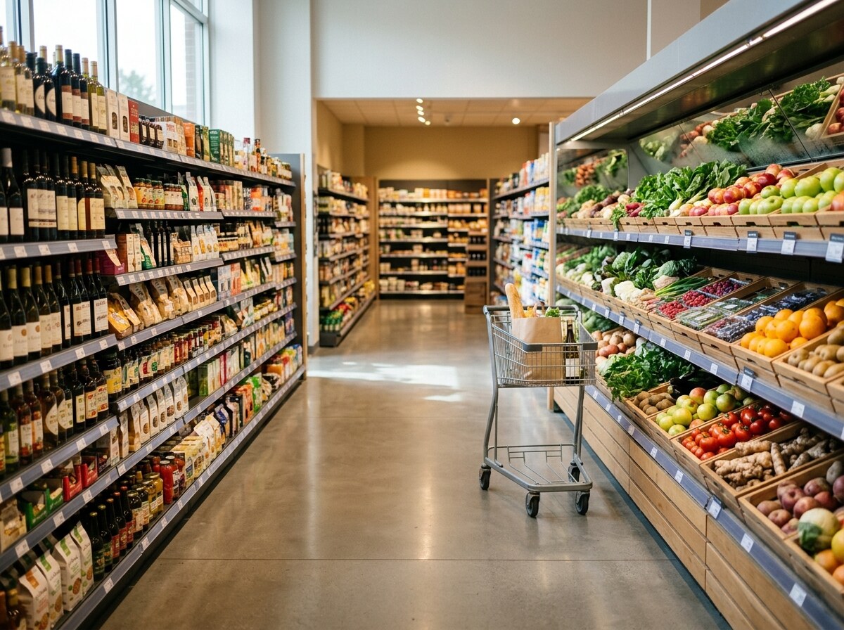 Bright grocery aisle with produce displays and organized shelves